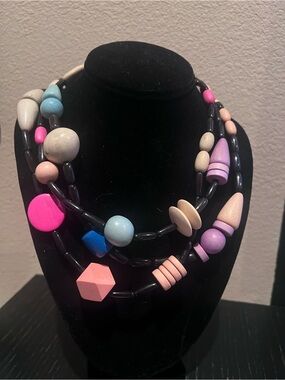 Colorful Multi-Strand Wooden Bead Necklace - Pink, Blue & Purple